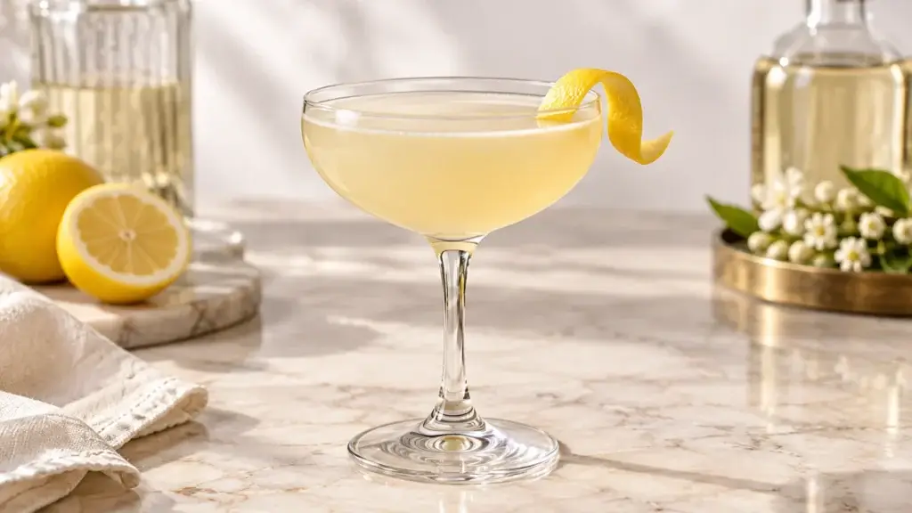 20th Century cocktail in a coupe with lemon twist.