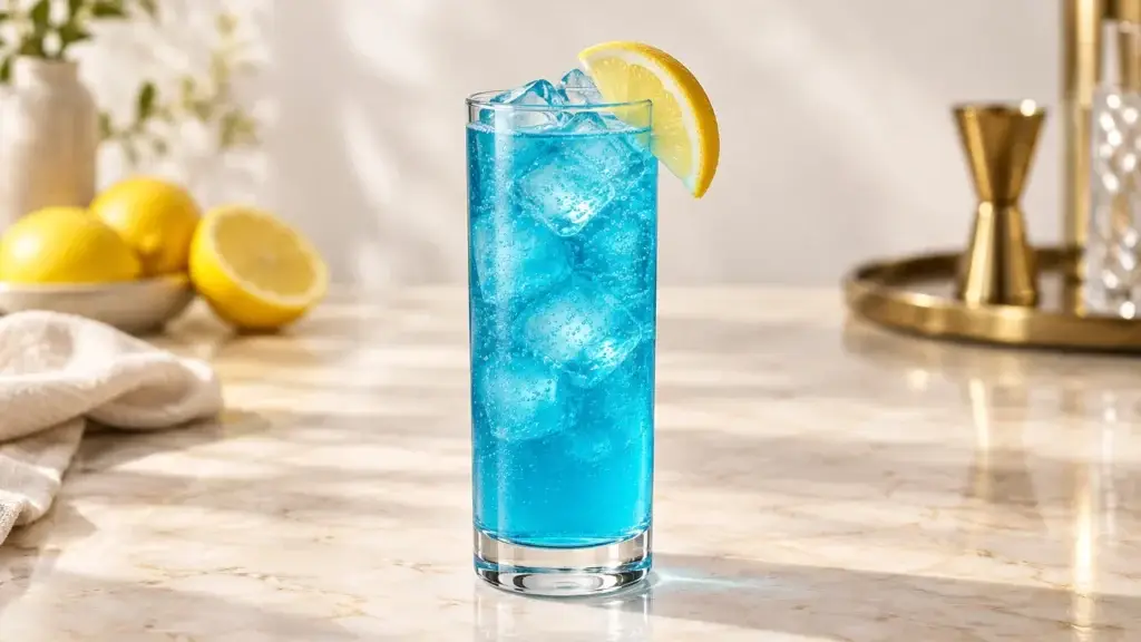 Adios Motherfucker cocktail in a collins glass with lemon wedge.