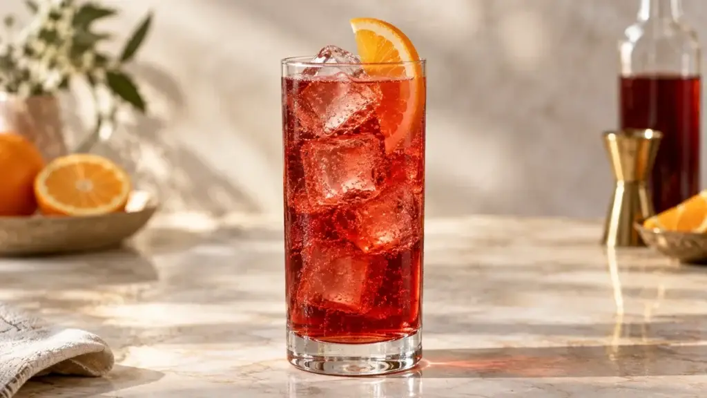 Americano cocktail in highball with orange slice