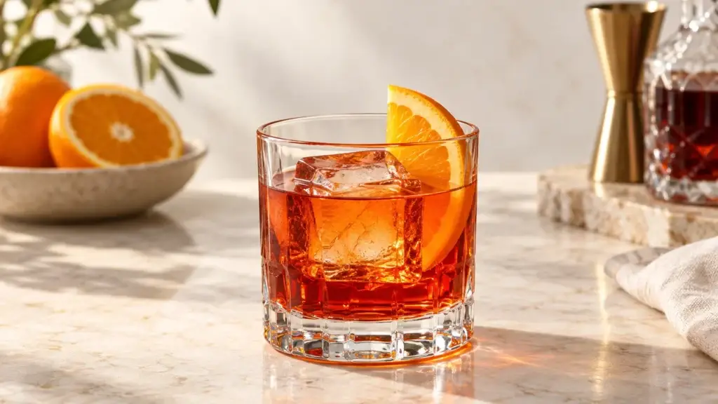 Aperol Negroni cocktail in a rocks glass with orange slice.