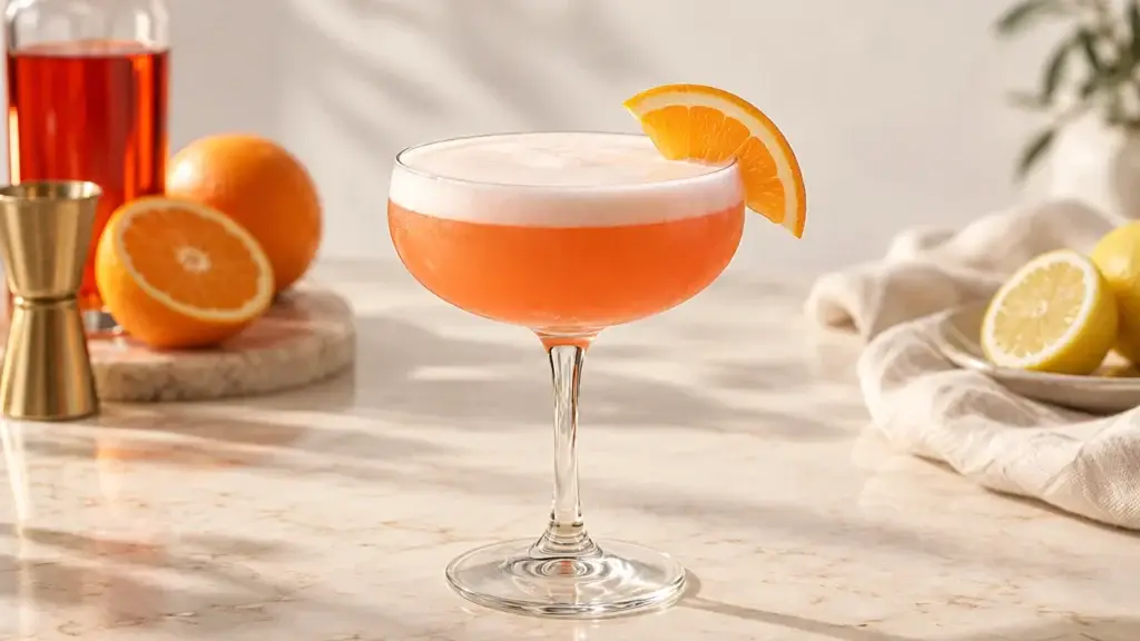 Aperol Sour cocktail in a coupe with orange slice.