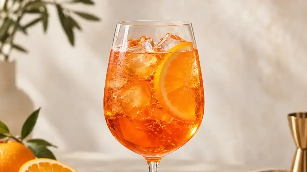 Orange spritz in a stemmed wine glass with ice and an orange slice