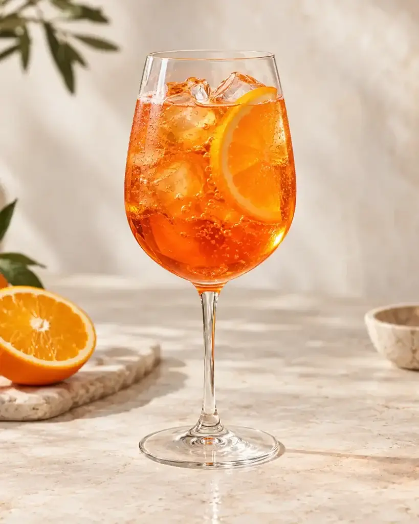 Orange spritz in a stemmed wine glass with ice and an orange slice