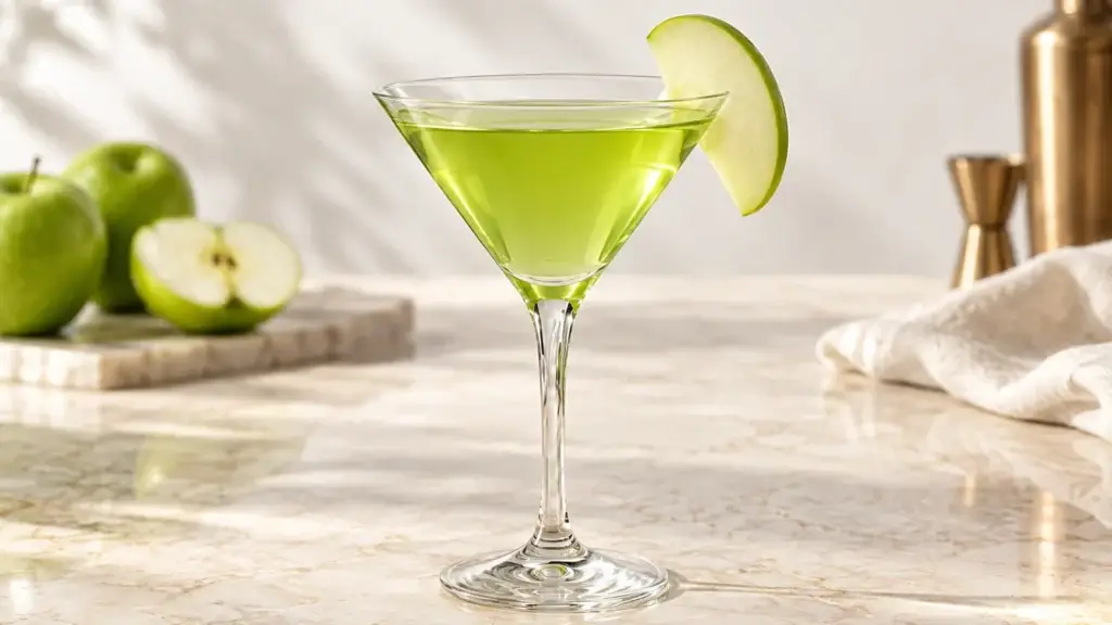 Appletini cocktail in a martini glass with apple slice.