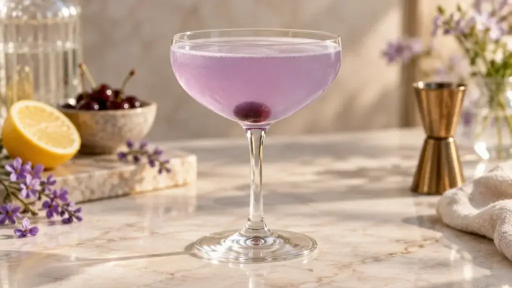 Aviation cocktail in coupe with maraschino cherry