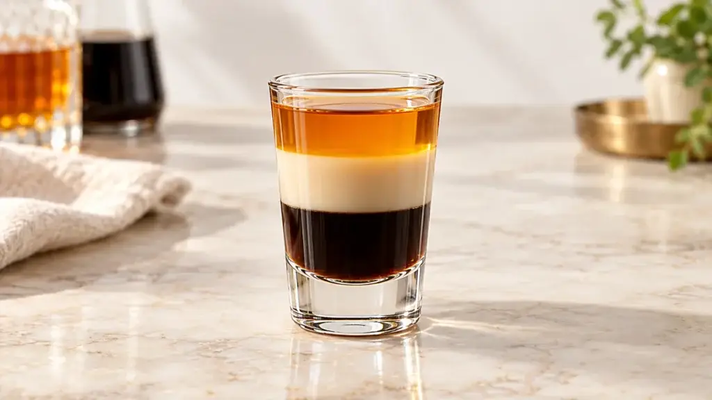 B-52 layered shot in a shot glass, without added garnish.