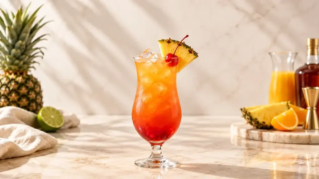 Bahama Mama cocktail in a hurricane glass with pineapple wedge and maraschino cherry.