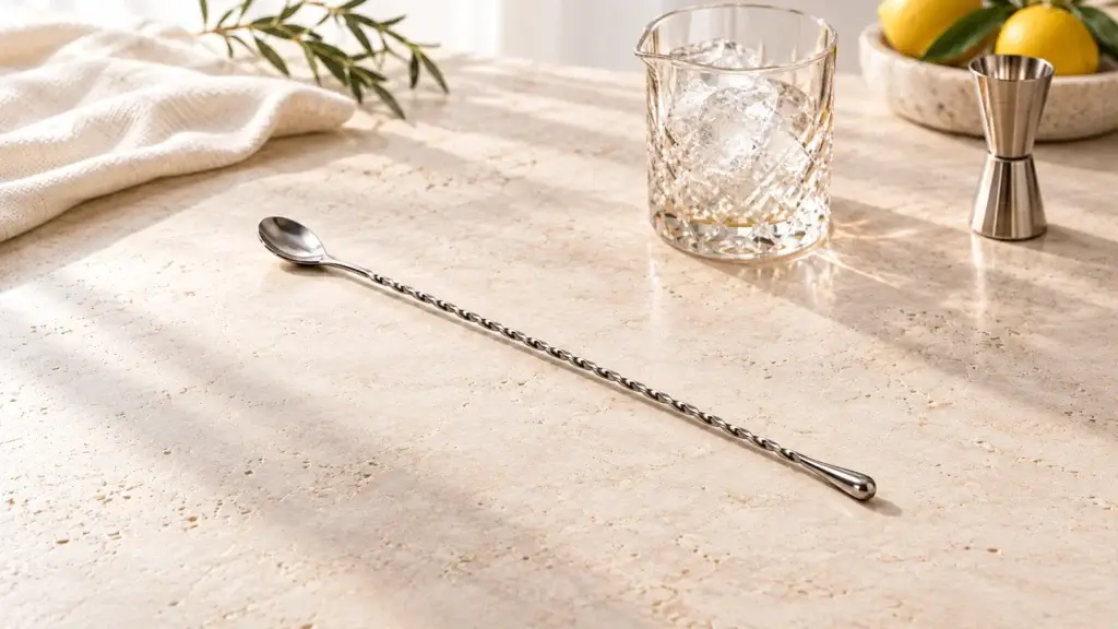 Long stainless barspoon with a clearly defined spiral shaft beside a mixing glass of clear ice.