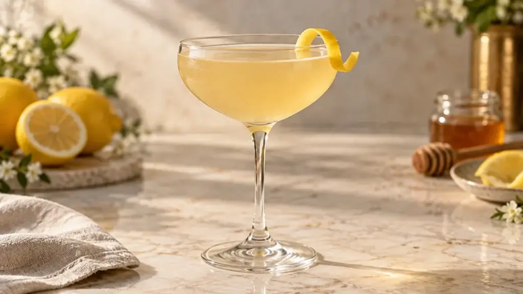 Bees Knees cocktail in coupe with lemon twist