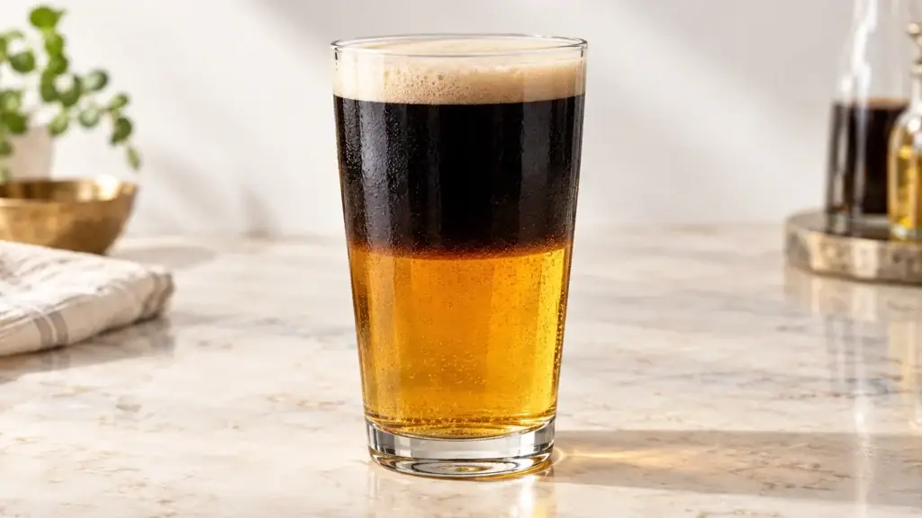 Black and Tan cocktail in a pint glass, without added garnish.