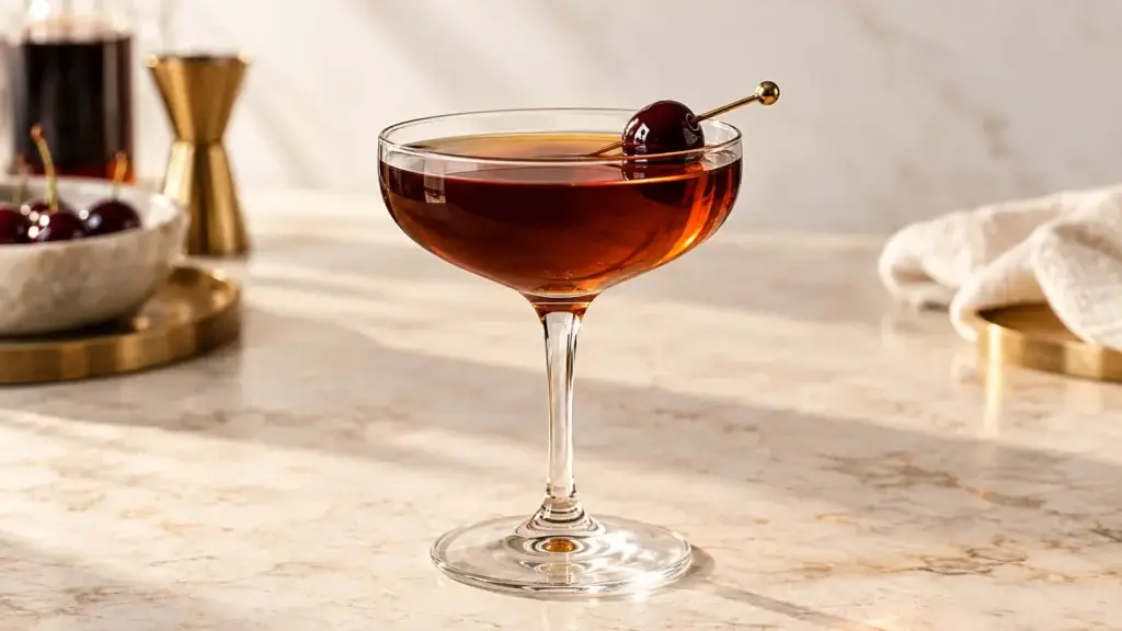 Black Manhattan cocktail in a coupe with maraschino cherry.