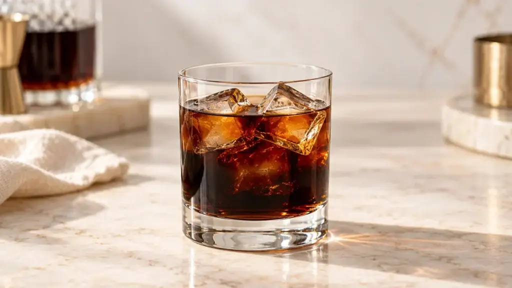 Black Russian cocktail in a rocks glass, without added garnish.