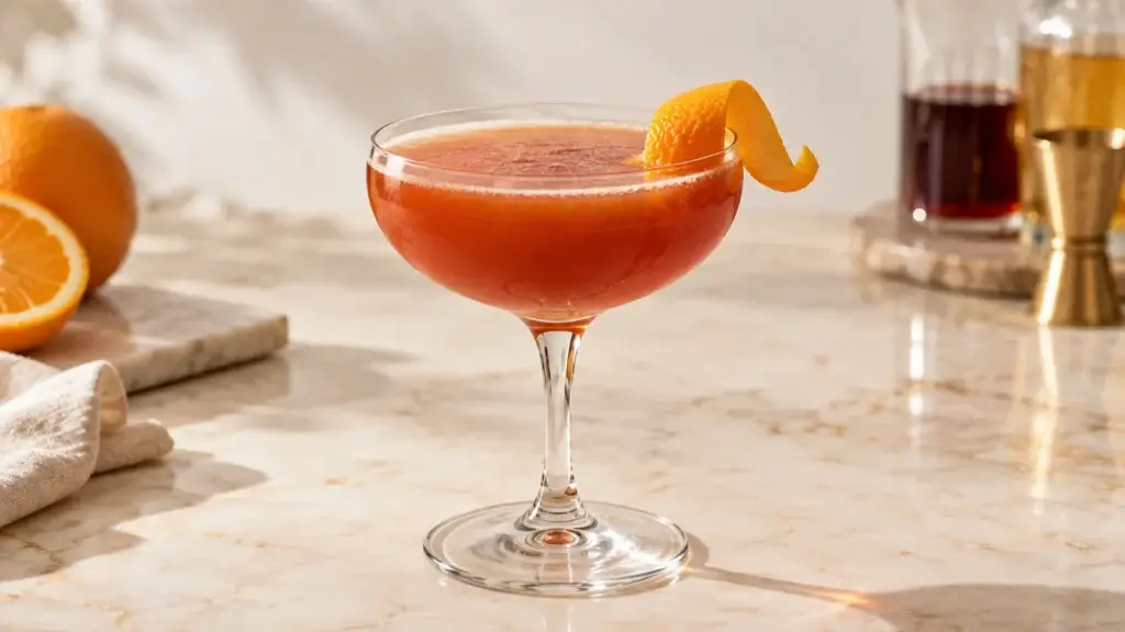 Blood and Sand cocktail in a coupe with orange peel.