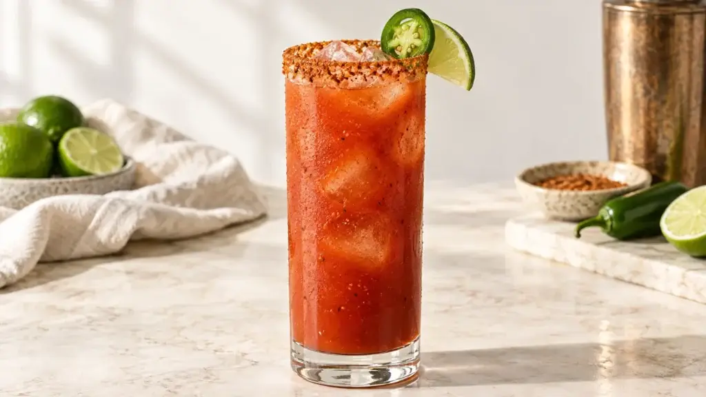 Bloody Maria cocktail in a collins glass with tajin rim and lime wedge and jalapeno.
