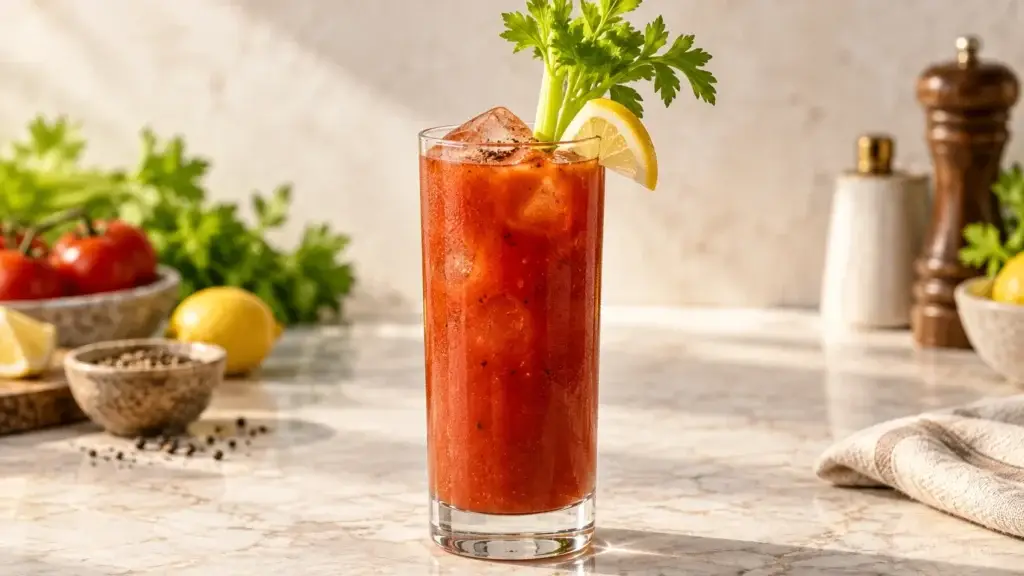 Bloody Mary cocktail in collins glass with celery stick, lemon wedge