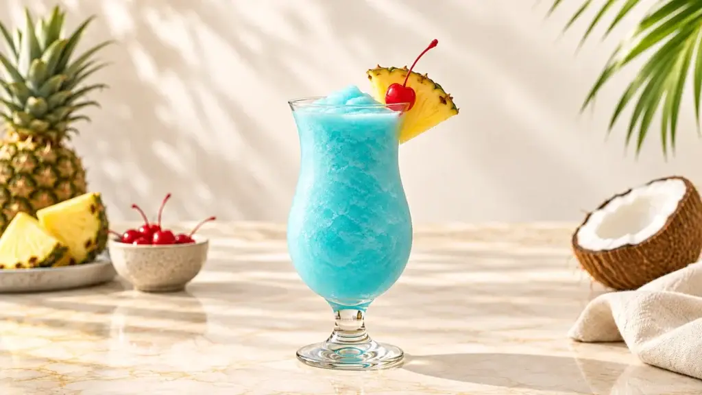 Blue Hawaiian frozen drink in a hurricane glass with pineapple wedge and maraschino cherry.