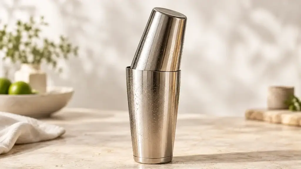 Two condensation-covered stainless Boston shaker tins sealed at a slight angle on warm limestone.