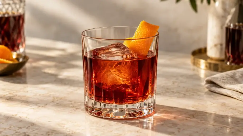 Boulevardier cocktail in rocks glass with orange peel