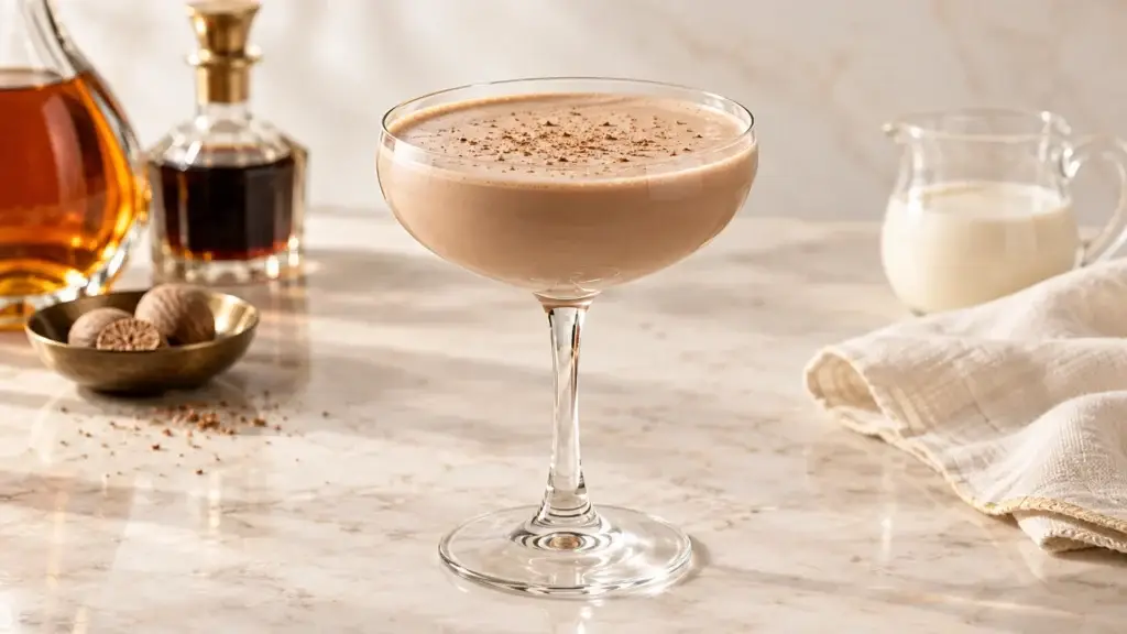 Brandy Alexander cocktail in a coupe with grated nutmeg.