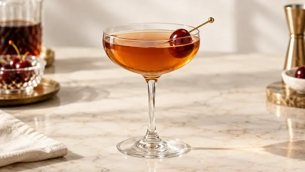 Brooklyn cocktail in a coupe with maraschino cherry.
