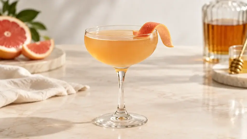 Brown Derby cocktail in a coupe with grapefruit twist.