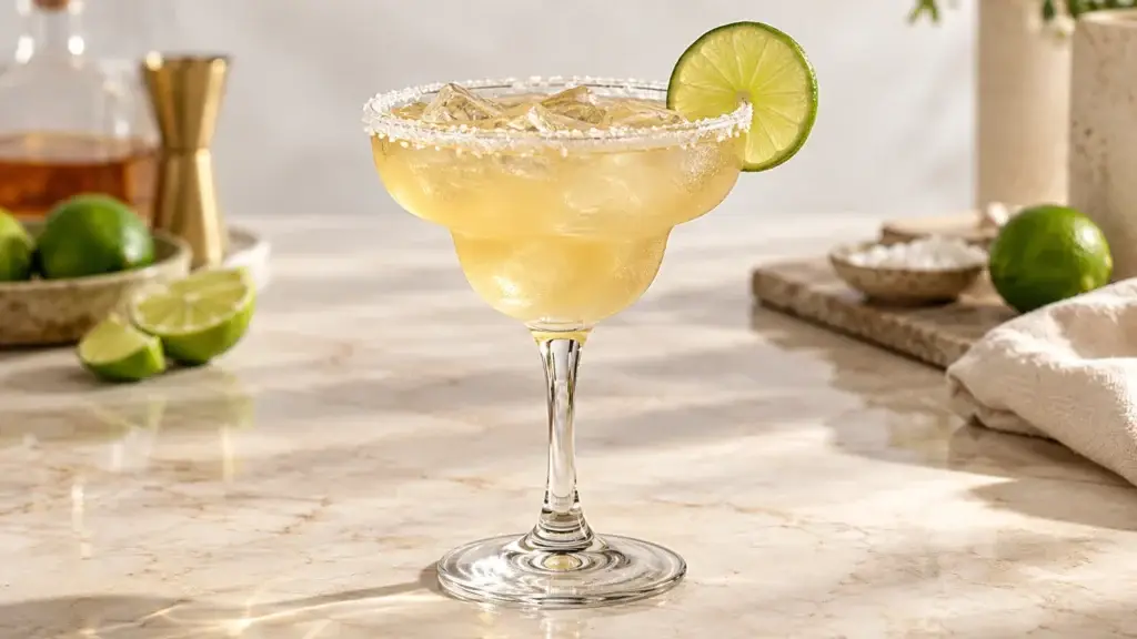 Cadillac Margarita cocktail in a margarita glass with salt rim and lime wheel.