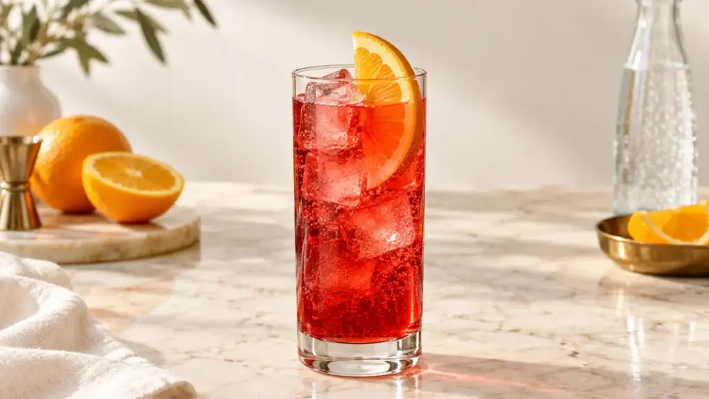 Campari Soda cocktail in a highball with orange slice.