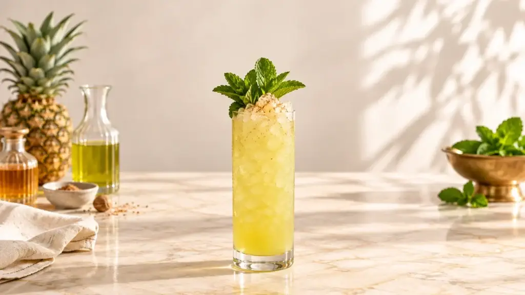 Chartreuse Swizzle cocktail in a collins glass with mint sprig and grated nutmeg.