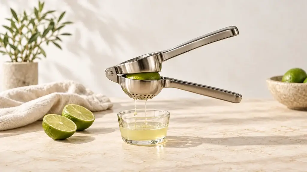 Two-handled stainless citrus press squeezing a lime half, with juice dripping into a small glass below.