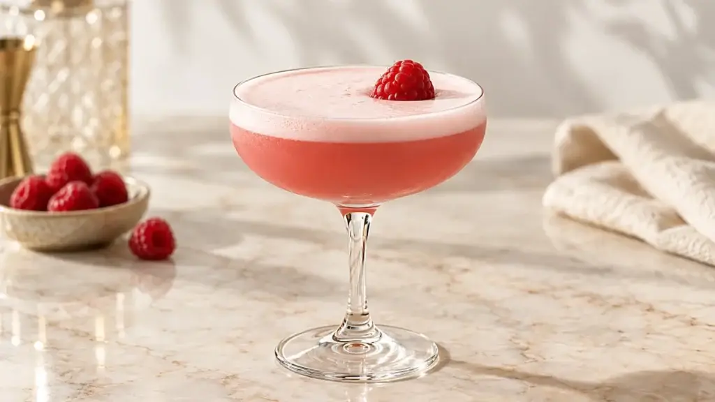Clover Club cocktail in a coupe with raspberry.
