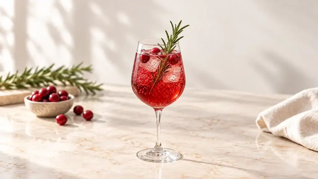 Cranberry Rosemary Spritz mocktail in a wine glass with rosemary sprig and fresh cranberries.