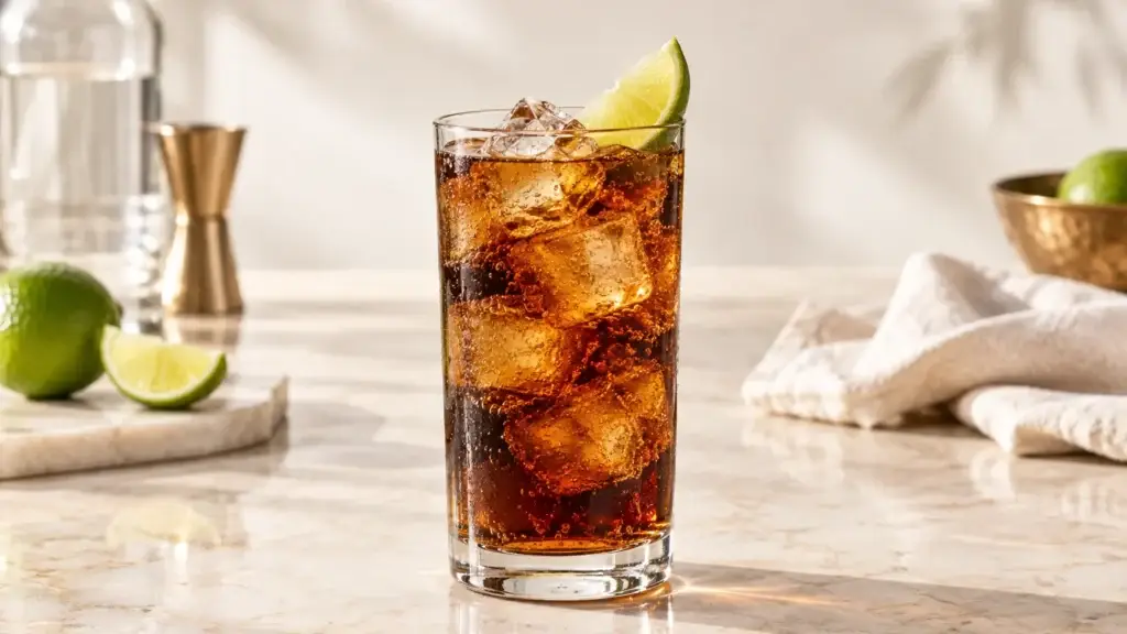 Cuba Libre cocktail in a highball with lime wedge.