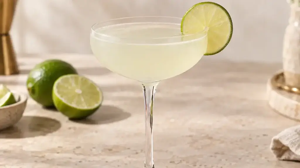 Pale classic Daiquiri in a coupe with a lime wheel