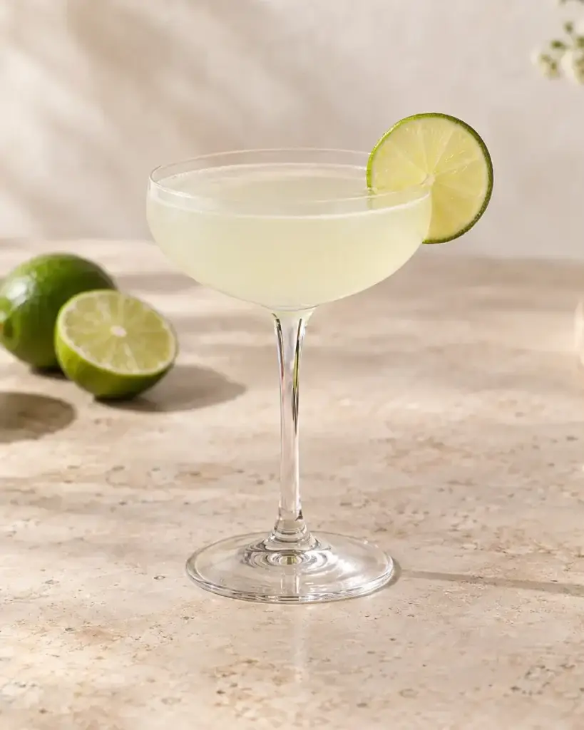 Pale classic Daiquiri in a coupe with a lime wheel