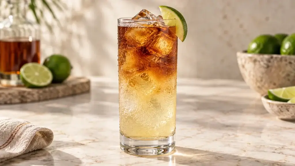 Dark and Stormy cocktail in highball with lime wedge