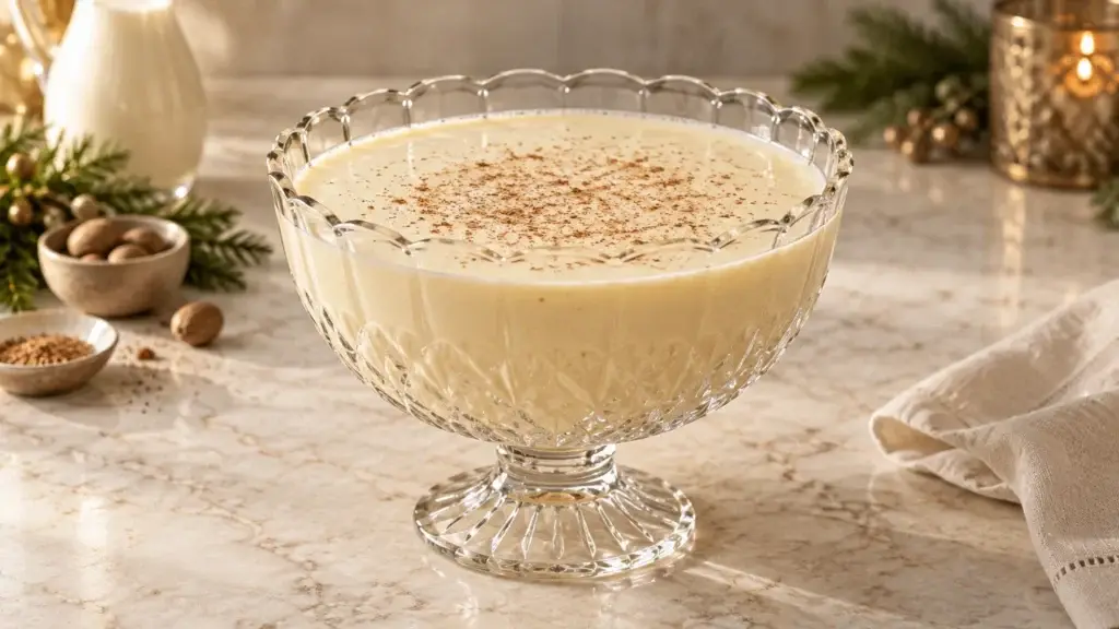Eggnog cocktail in punch bowl with grated nutmeg