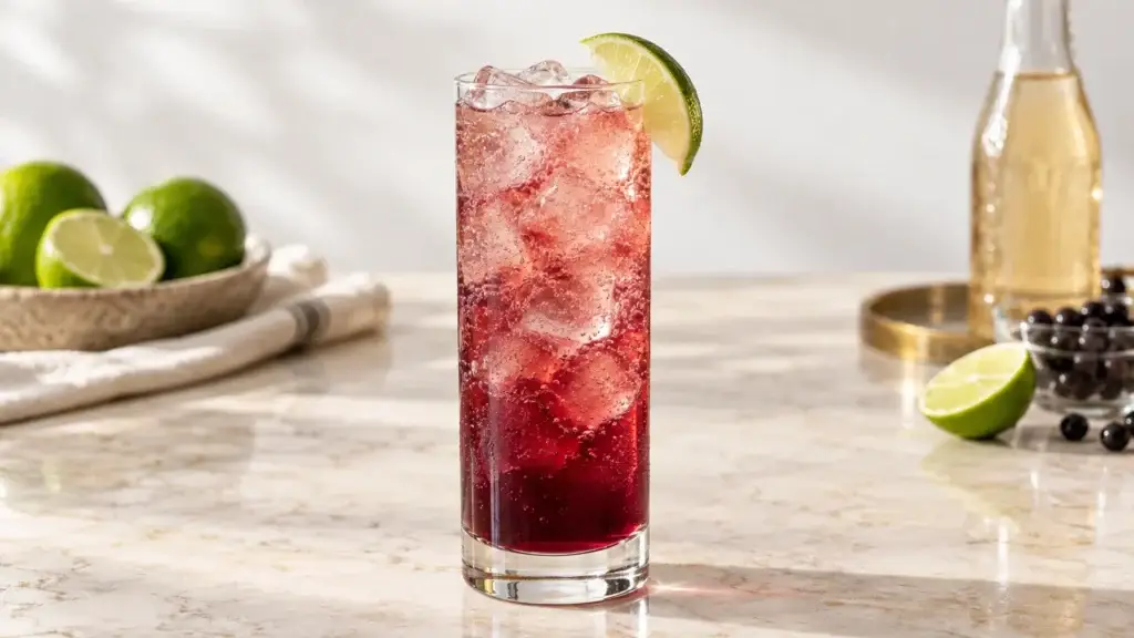 El Diablo cocktail in a collins glass with lime wedge.