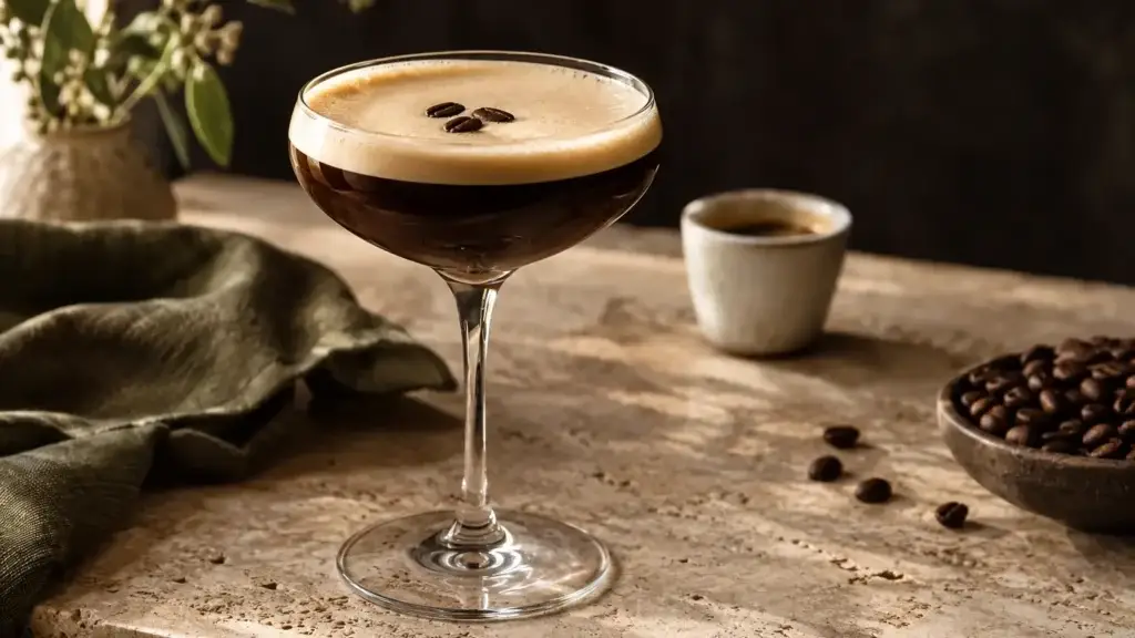 Espresso Martini in a coupe with a pale foam cap and three coffee beans