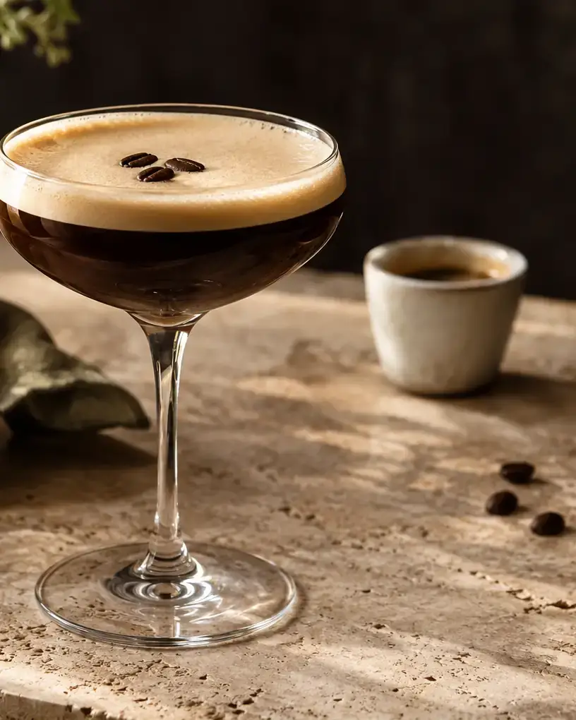 Espresso Martini in a coupe with a pale foam cap and three coffee beans