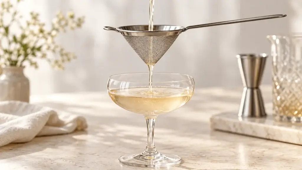Pale liquid passing through a small conical stainless fine-mesh strainer into a coupe.