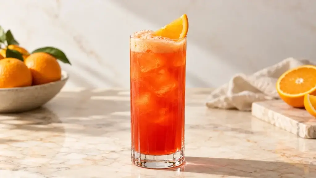 Garibaldi cocktail in a collins glass with orange wedge.