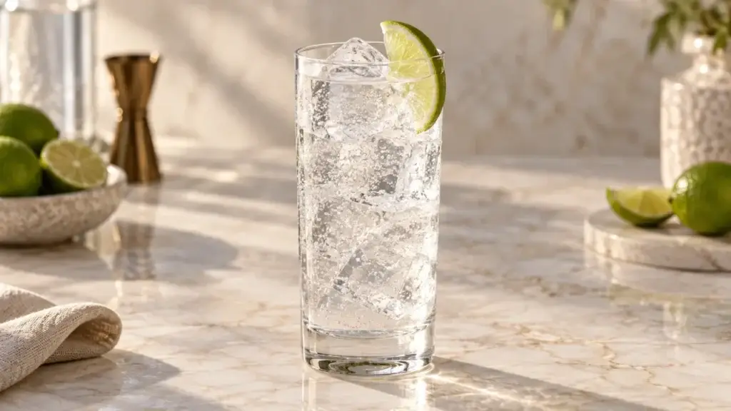 Gin and Tonic cocktail in highball with lime wedge