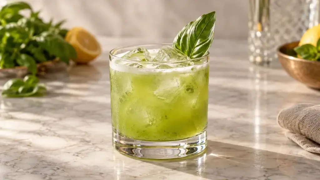 Gin Basil Smash cocktail in rocks glass with basil leaf
