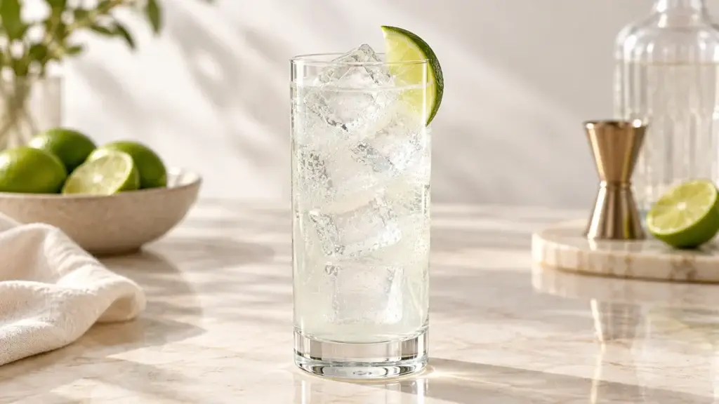 Gin Rickey cocktail in a highball with lime wedge.