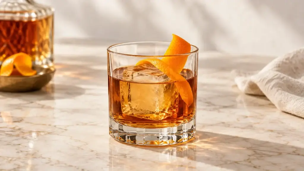 Godfather cocktail in a rocks glass with orange peel.