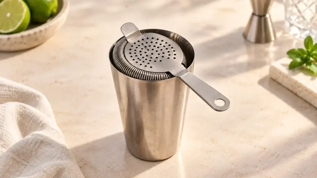 Stainless Hawthorne strainer with a dense tightly coiled spring resting across a shaker tin.