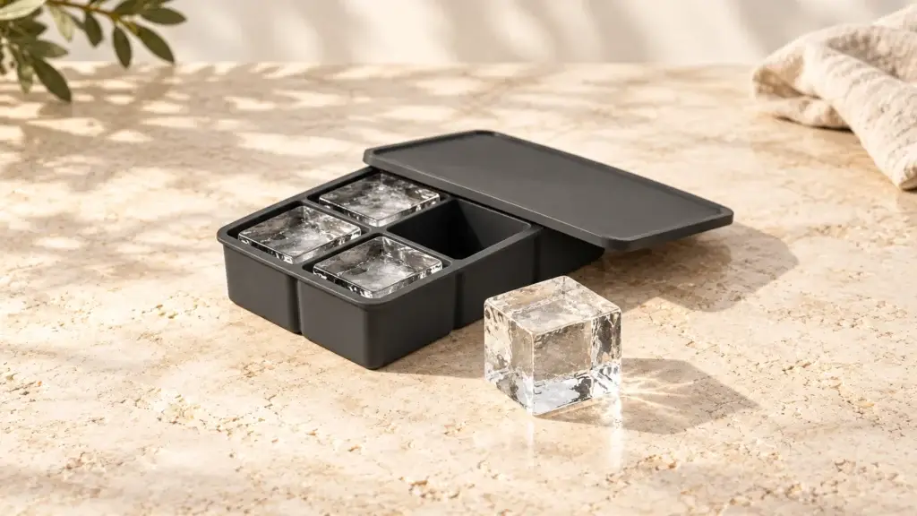 Charcoal silicone large-cube ice tray with its lid partly off and one large transparent cube resting beside it.