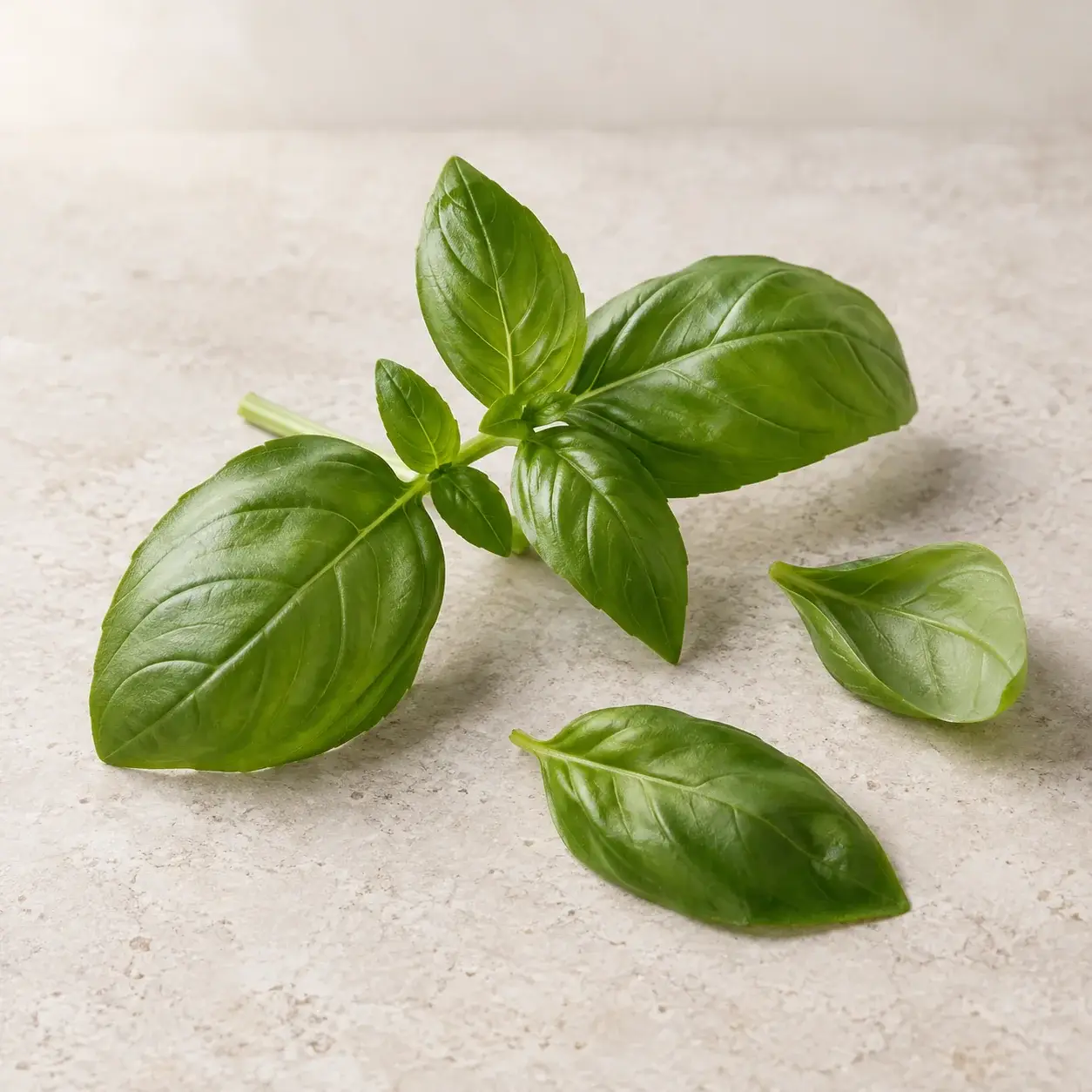 Fresh basil sprig and loose basil leaves