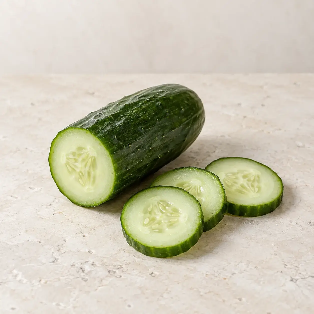Fresh cucumber segment and three thin slices