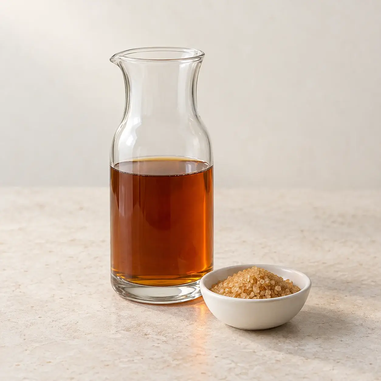 Amber demerara syrup beside golden sugar crystals